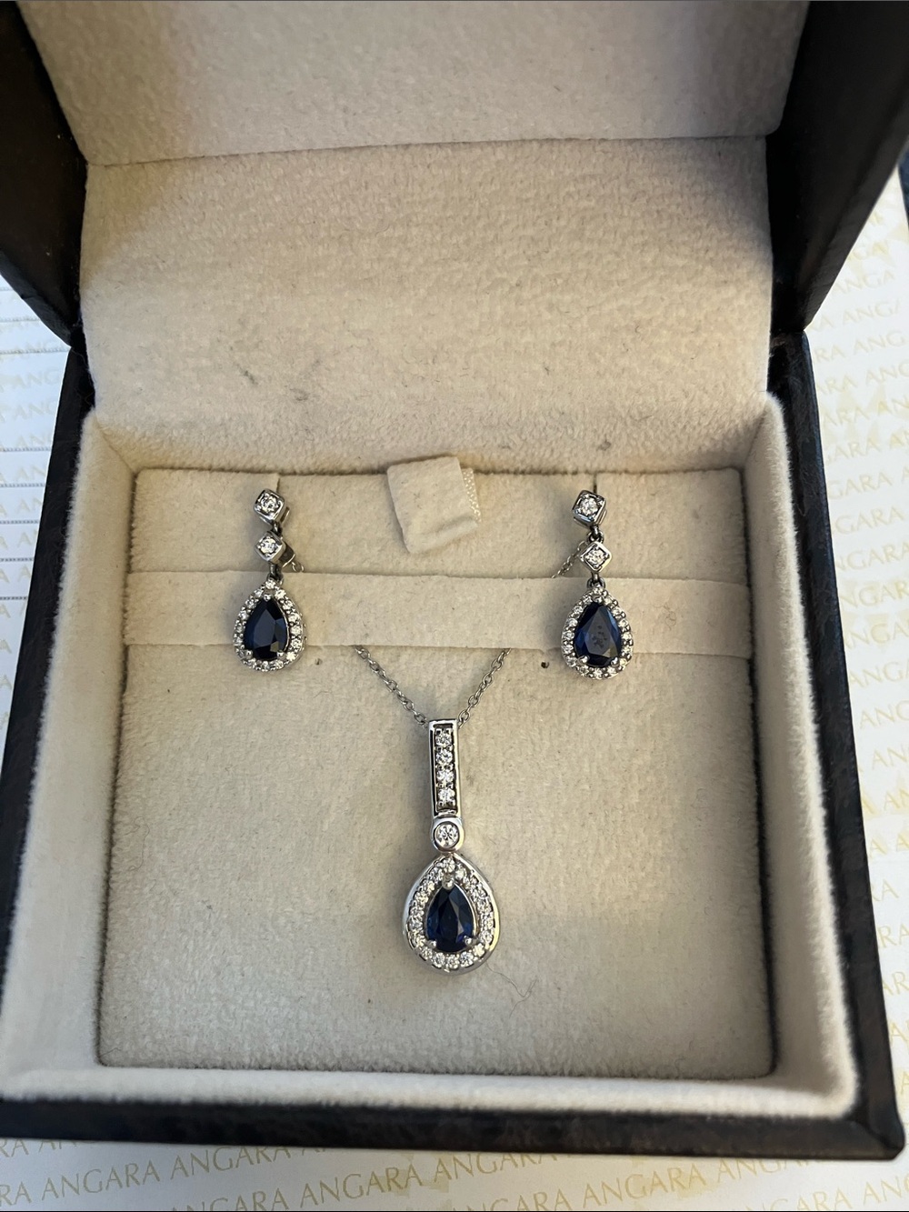 Classic Sapphire Teardrop Necklace & Earring Set in White Gold